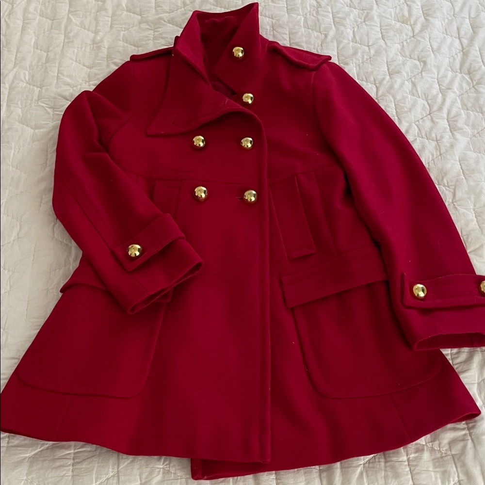 Stylish Red Pea Coat with Gold Buttons